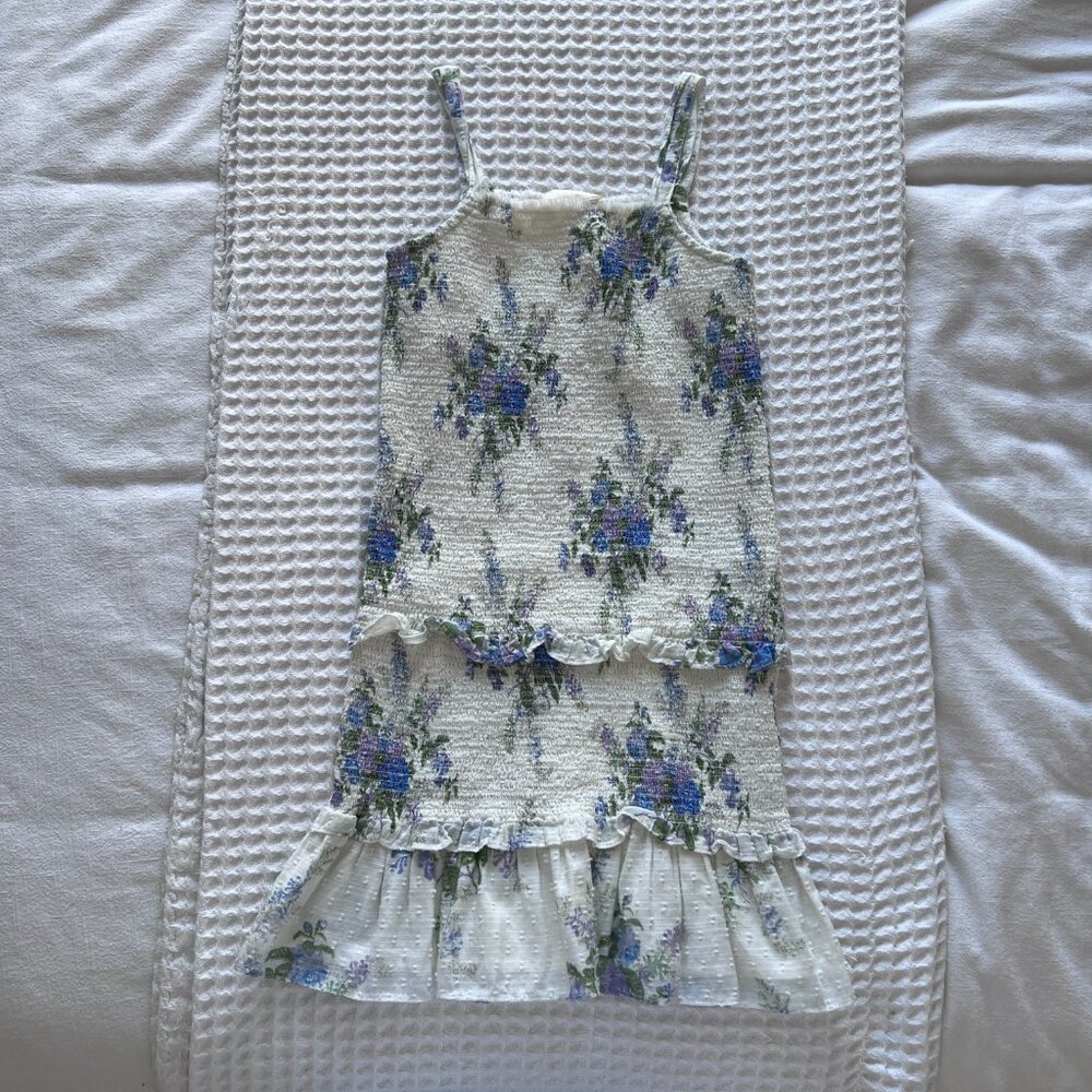 LoveShackFancy Girls White Floral Tiered Sundress with Blue & Green Print - Picture 2 of 5